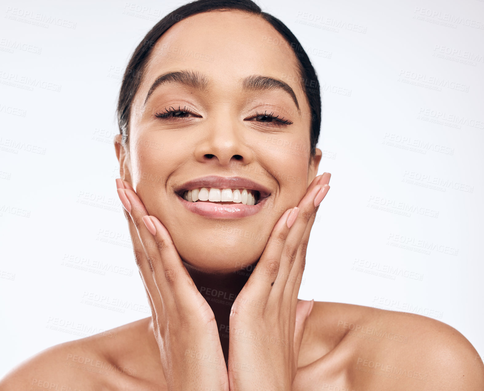 Buy stock photo Girl, studio and glow with skincare portrait for morning routine facial or skin treatment with natural, organic and cosmetic. Woman, face and isolated on white background with dermatology and hands.