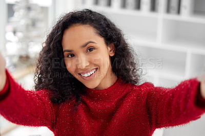 Buy stock photo Christmas, morning and happy selfie of woman outdoor in winter with red sweater or festive fashion. Girl, smile and post profile picture of holiday celebration or vacation portrait for social media