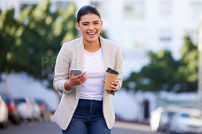 Buy stock photo Woman, smartphone and walking in city for coffee break, happy professional news with email or excited about travel. Business opportunity, reaction and online communication in urban street with drink