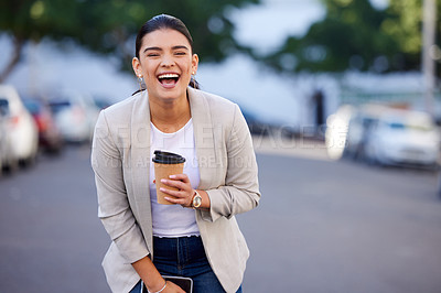 Buy stock photo Businesswoman, laugh and smile in portrait with smartphone on lunch break with coffee for relax in street. Joy, comic and relief from job or work with positive, happiness and confidence with pride