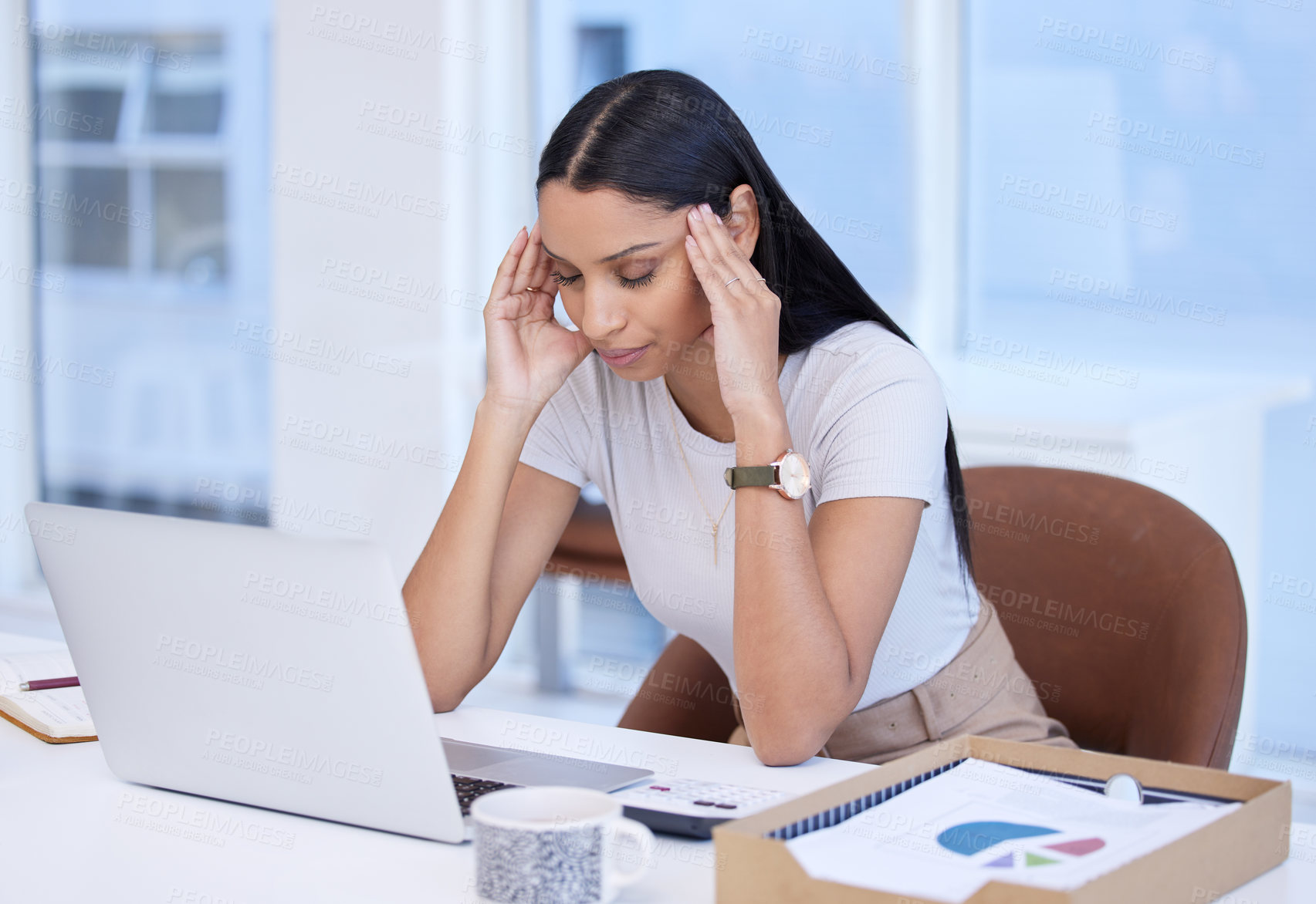 Buy stock photo Business woman, headache or stress with laptop glitch, tech error or crisis with data analyst in office with burnout. Overworked, overwhelmed and migraine pain for website 404, frustrated and tired