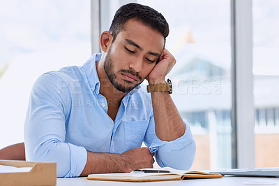 Buy stock photo Tired, sleeping and business man in office for fatigue, exhausted and overworked. Mental health, burnout and frustrated with male employee napping at desk for problem, overtime and stress