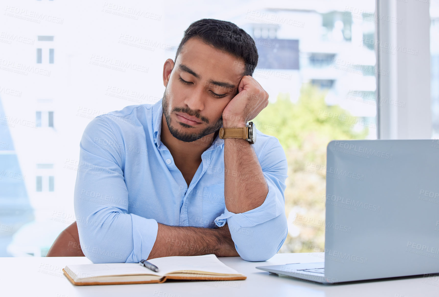 Buy stock photo Tired, laptop and sleeping with business man in office for fatigue, exhausted and overworked. Mental health, burnout and frustrated with male employee napping at desk for problem, overtime and stress