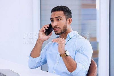 Buy stock photo Phone call, planning and businessman talking to a contact, networking and mobile communication in an office. Corporate, employee and man or professional in conversation using a smartphone app