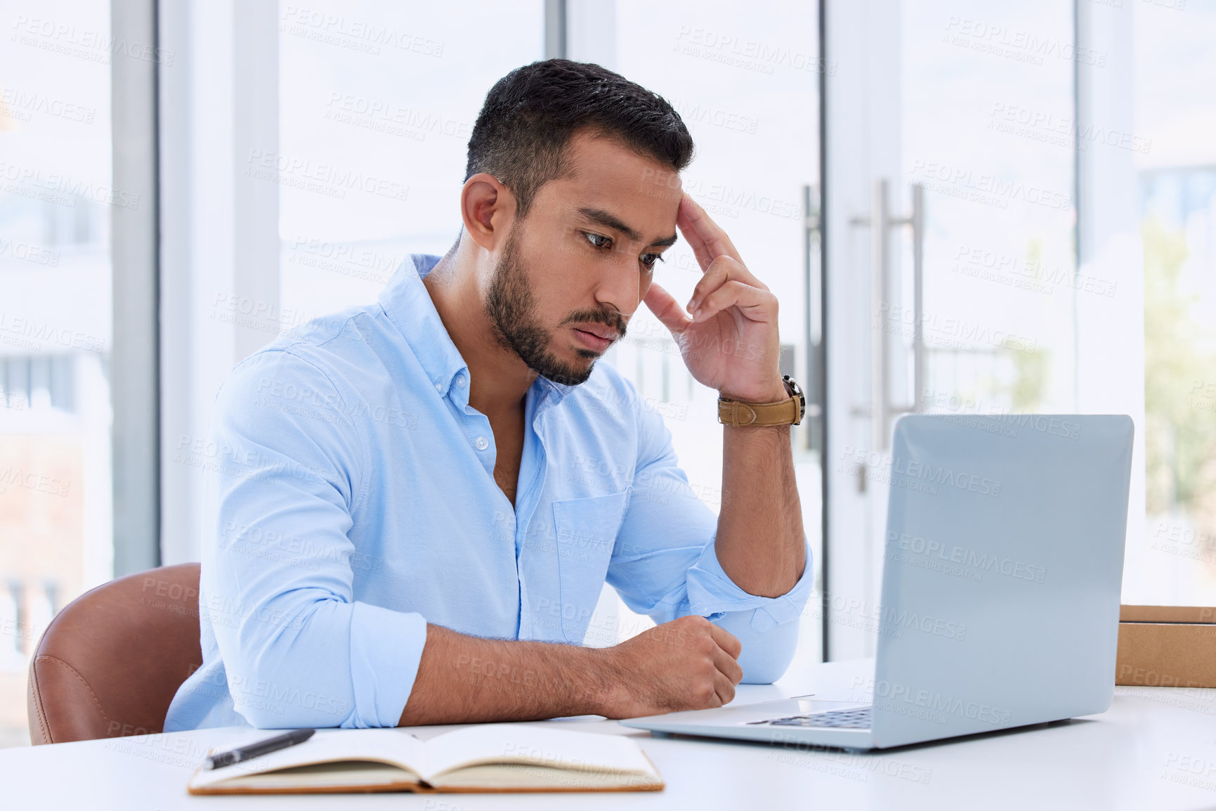 Buy stock photo Stress, focus and laptop with business man in office for research, planning and depression. Anxiety, mental health and fatigue with depressed male employee at desk for tired, headache and burnout