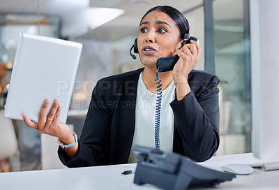 Buy stock photo Stress, phone call and frustrated with business woman in office for negotiation, fear and deadline. Anxiety, mental health and angry with customer service agent for problem, pressure and crm