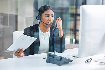 Buy stock photo Stress, phone call and receptionist with business woman in office for negotiation, frustrated and deadline. Anxiety, mental health and angry with customer service agent for problem, pressure and crm