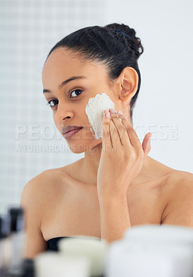 Buy stock photo Skincare, mirror and woman with mask in bathroom for face cosmetics, self care and morning routine. Cleaning, beauty and female person with lotion, facial cream and dermatology for aesthetic detox