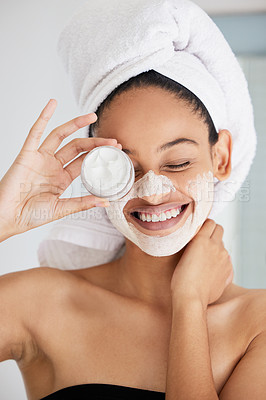 Buy stock photo Shower, happy woman and towel with mask, jar and skincare product in bathroom for face, cosmetics and self care. Cleaning, beauty and female person with container, facial cream and detox dermatology