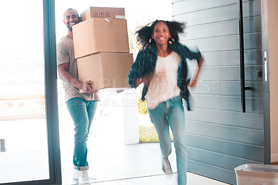 Buy stock photo Girl, speed and father moving into new home, running and excited with property and real estate. Mortgage, house investment and family with single parent, dad and daughter in doorway with happiness