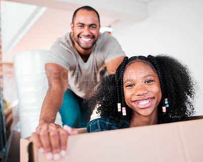 Buy stock photo Smile, man and child playing in box at new house, apartment or property for moving, relocating and purchase a home. People, real estate and mortgage for renovation with fun in space, lounge and love
