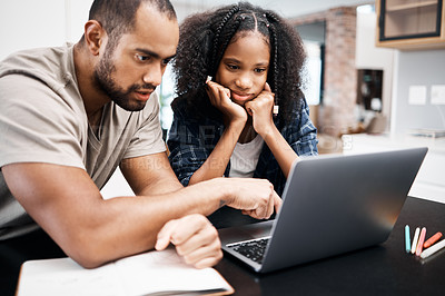 Buy stock photo Child, father and laptop for e learning, education and school assignment in a family home. Black man helping girl kid or teen daughter with development, technology and studying or online research