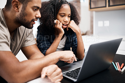 Buy stock photo Father, child and laptop for e learning, education and school assignment while together at a table. Black man helping girl kid or daughter with development, technology and studying or online research