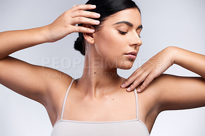 Buy stock photo Woman, skincare and beauty on studio background for cosmetics, dermatology and glow on backdrop. Pride, self care and collagen for facial, spa treatment and female person with makeup for salon