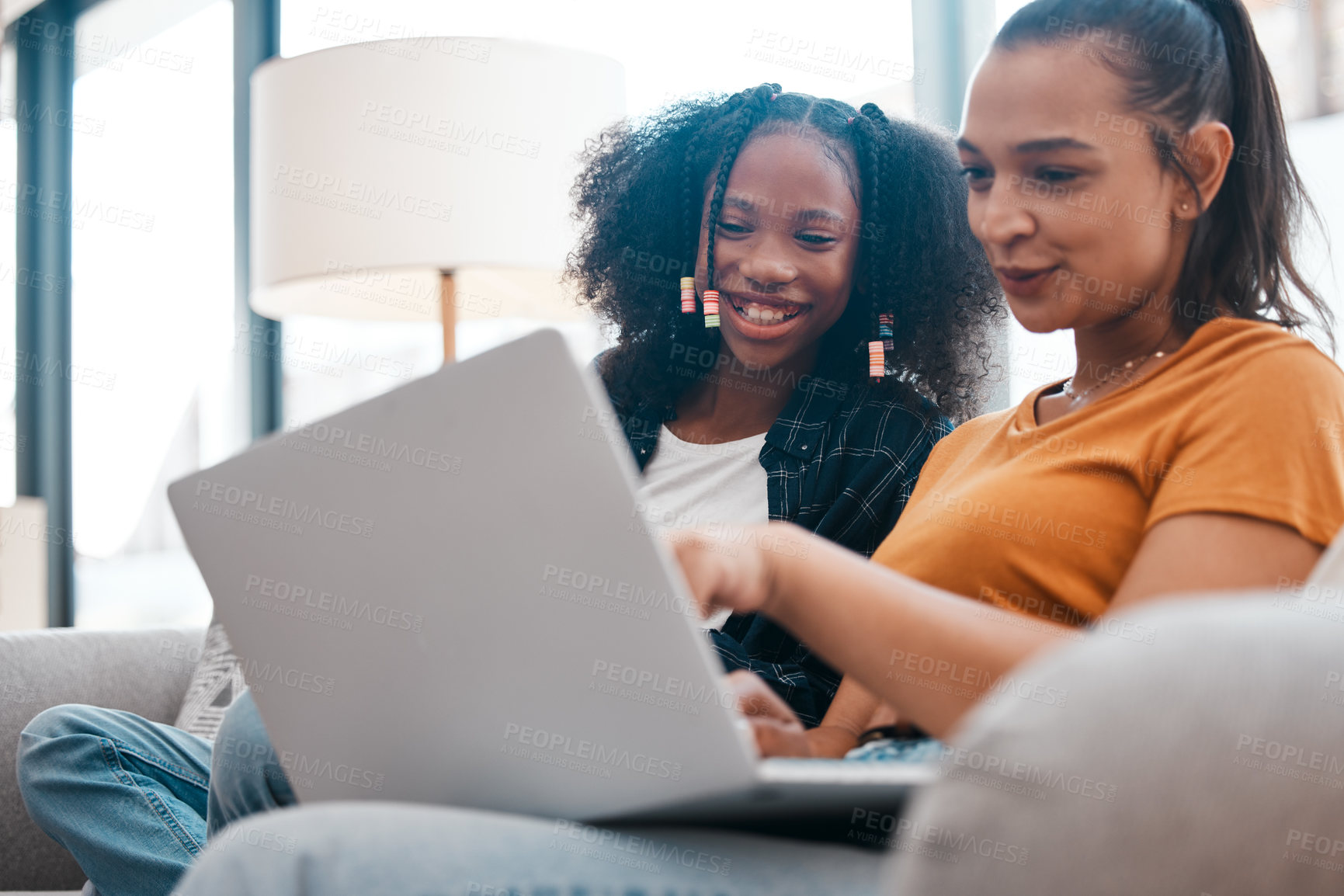 Buy stock photo Child, woman and laptop with smile at house for acceptance  at private school, scholarship and education. Happy, tutor and girl on sofa with positive news, home and online learning for knowledge