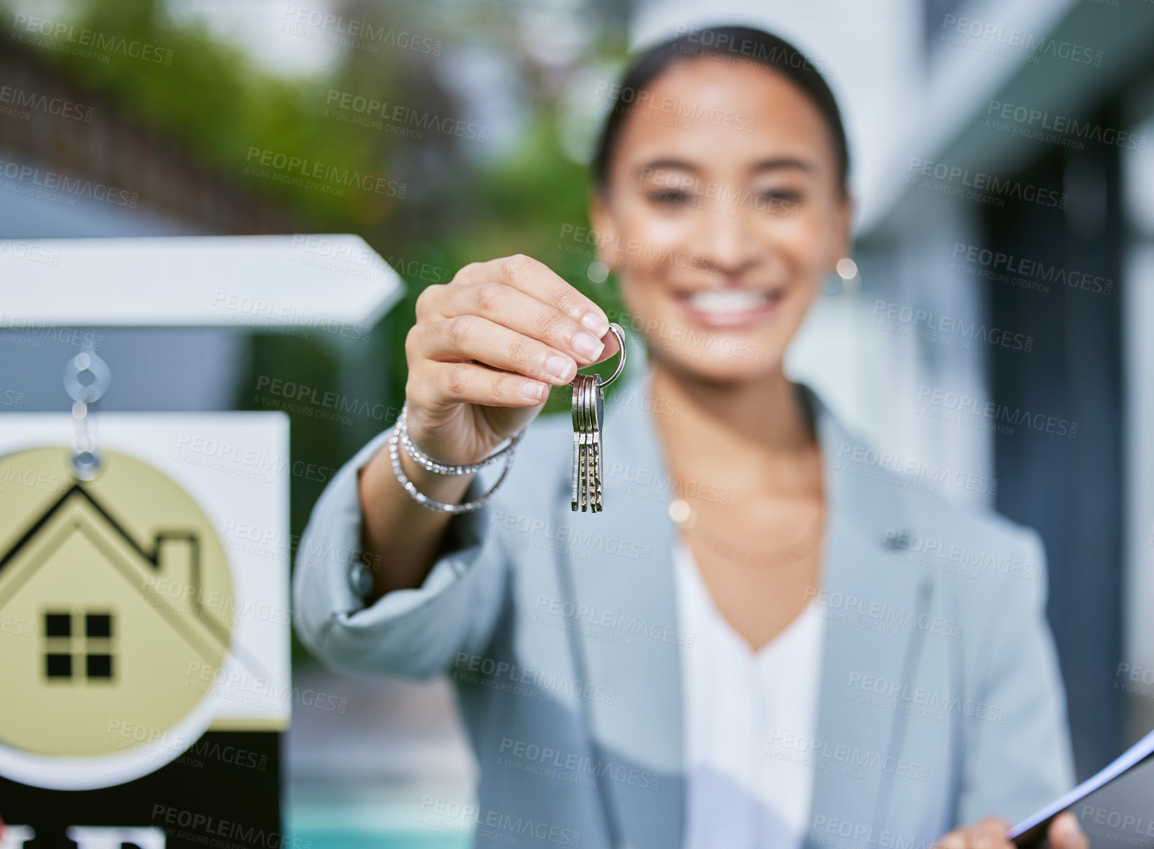 Buy stock photo Real estate, woman and portrait with keys outdoor for property transaction, ownership and apartment or house sale. Female agent, happy and keychain for welcome, congratulations and investment.