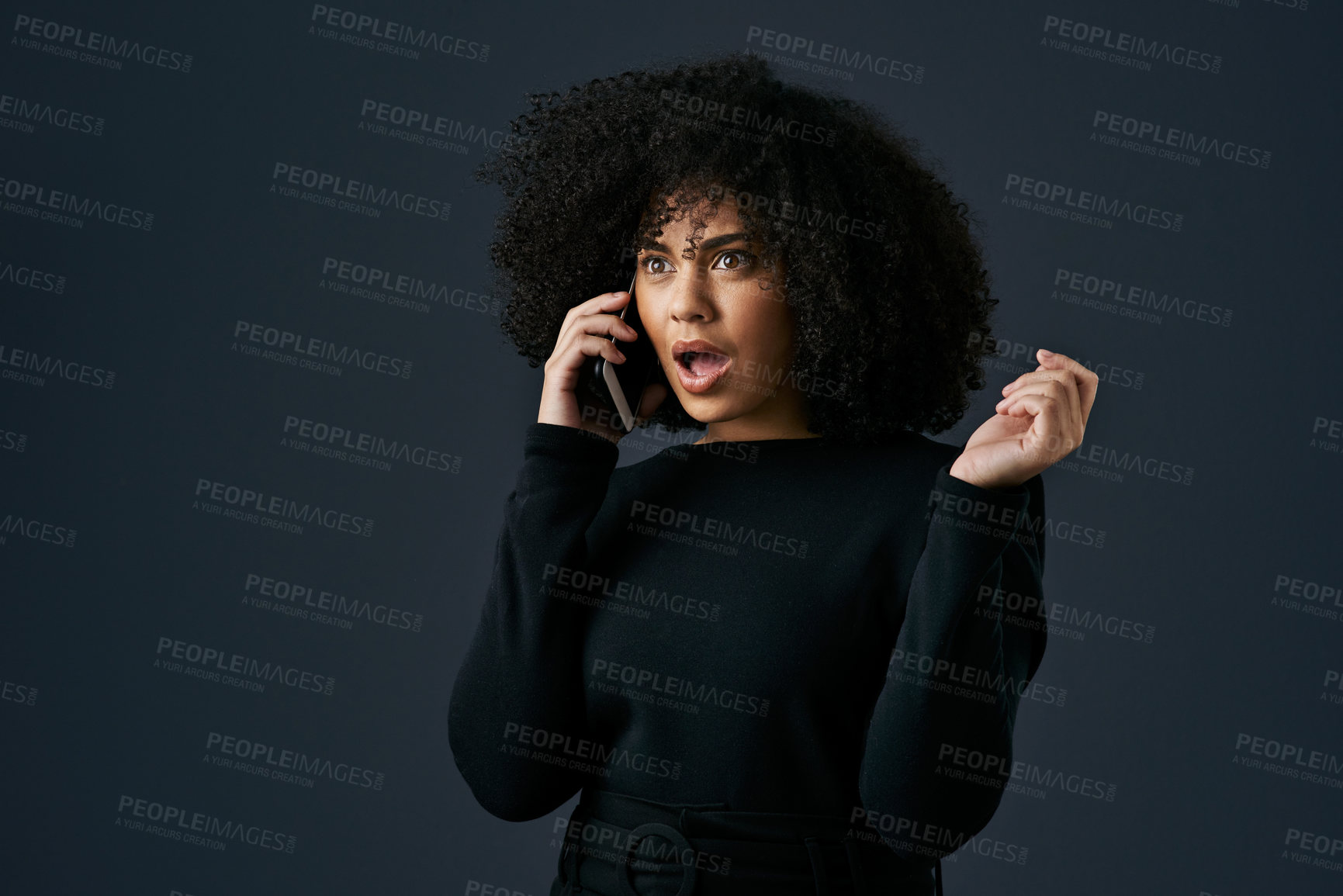Buy stock photo Shocked, woman and disbelief with phone call in studio for unexpected news, drama and false story. Surprised, female person or reaction with mobile for scandal, unbelievable rumor and dark background