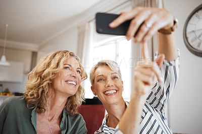 Buy stock photo Shot of two female friends taking selfies together