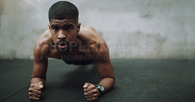 Buy stock photo African man, plank and floor in gym for fitness, health and strong core muscle with vision in training. Person, exercise and intense workout for wellness with stretching for abdomen, stomach or abs