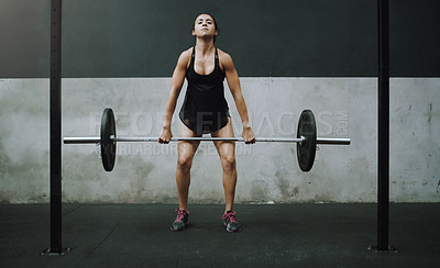 Buy stock photo Strong, weight lifting and woman with barbell in gym for training, exercise and intense workout. Fitness, deadlift and female body builder lift weights for challenge, wellness and muscle strength