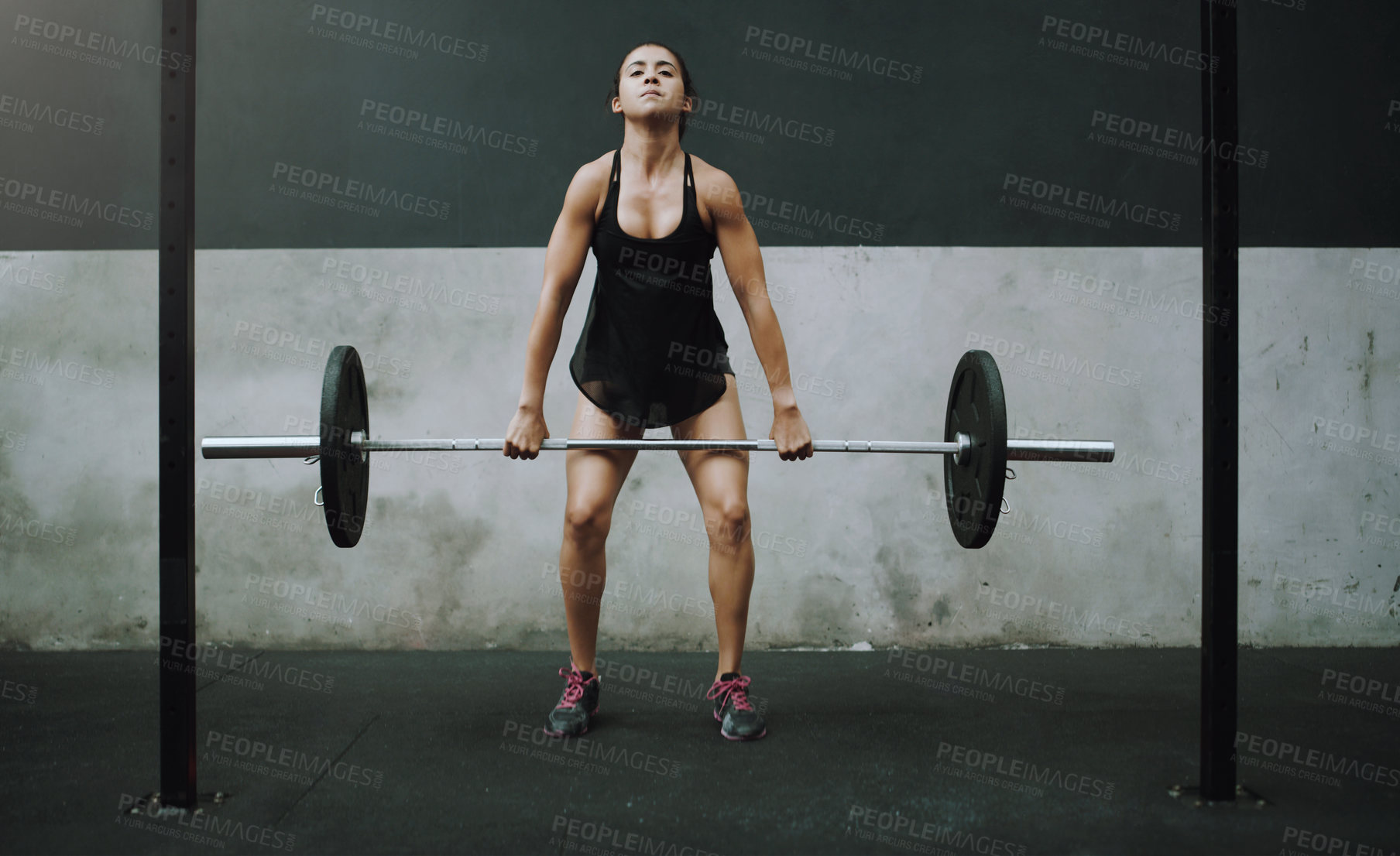 Buy stock photo Strong, weight lifting and woman with barbell in gym for training, exercise and intense workout. Fitness, deadlift and female body builder lift weights for challenge, wellness and muscle strength