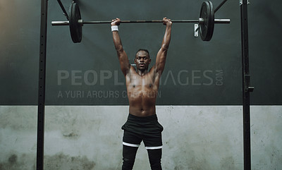 Buy stock photo Weightlifting, fitness and black man with barbell in gym for training, exercise and intense workout. Deadlift, strong body and male body builder lifting weights for challenge, wellness and strength
