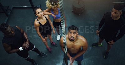 Buy stock photo Man, group and rope for climbing in gym with challenge, start and training for strong muscle growth. Personal trainer, people or friends with exercise, workout and vision for coaching at fitness club