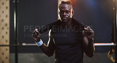 Buy stock photo Serious, bodybuilder and portrait of black man in gym for training, exercise and strong workout. Fitness, muscles and face of male person with sweat towel for challenge, wellness and body strength