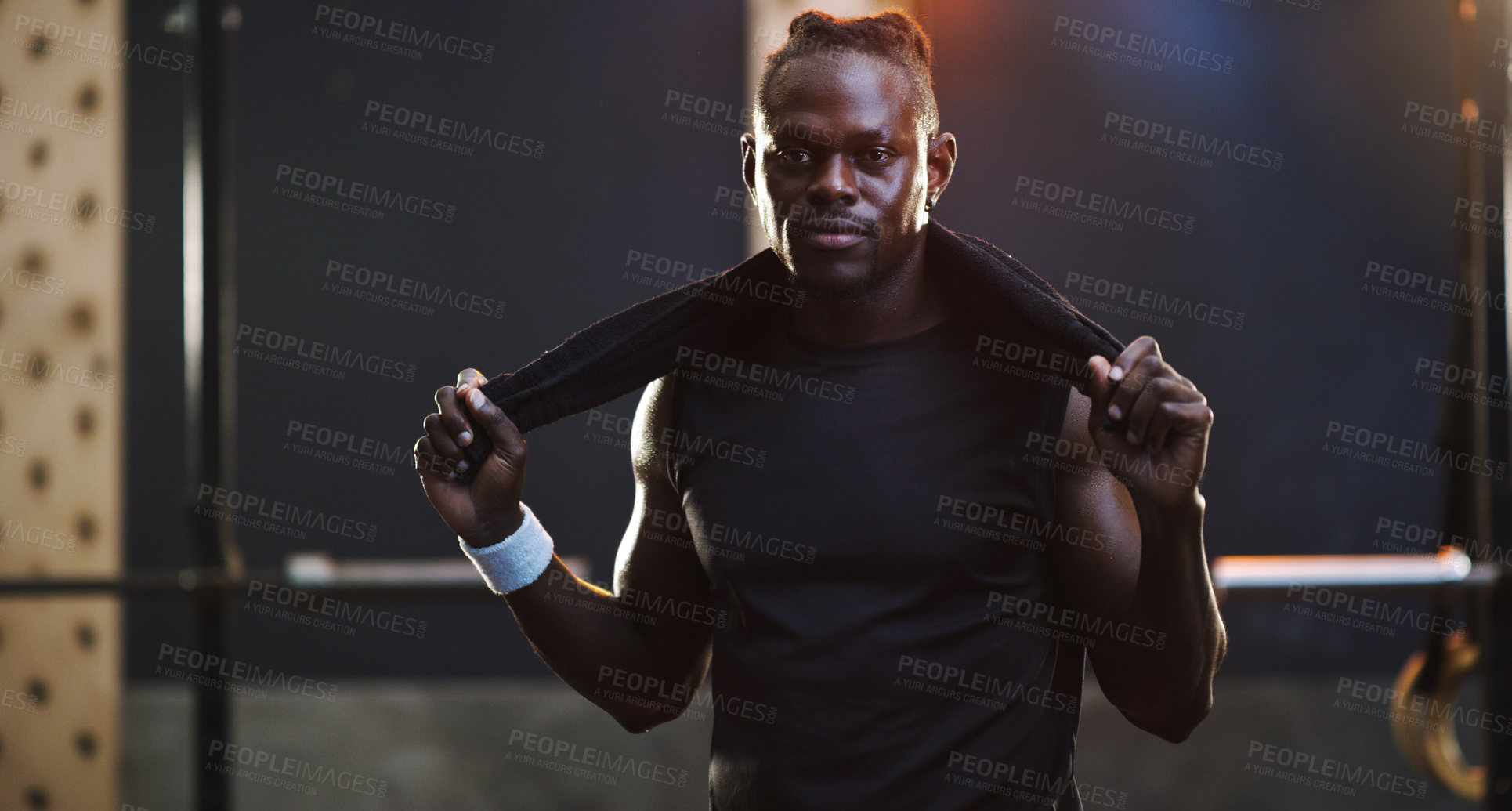 Buy stock photo Serious, bodybuilder and portrait of black man in gym for training, exercise and strong workout. Fitness, muscles and face of male person with sweat towel for challenge, wellness and body strength