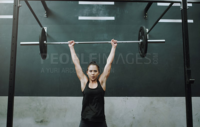 Buy stock photo Weight lifting, strong and portrait of woman with barbell for gym training, exercise and intense workout. Fitness, deadlift and female body builder lifting weights for challenge, wellness or strength