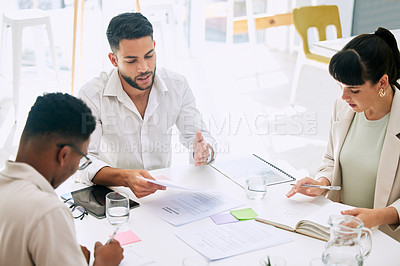 Buy stock photo Planning, meeting and business people with teamwork, brainstorming and manager discussion of documents. Company paperwork, project Ideas and woman with men or team talking in office collaboration