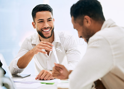 Buy stock photo Team meeting, planning and happy business people in discussion for brainstorming ideas, strategy or startup project. Man, collaboration and conversation for consultant manager laughing or talking