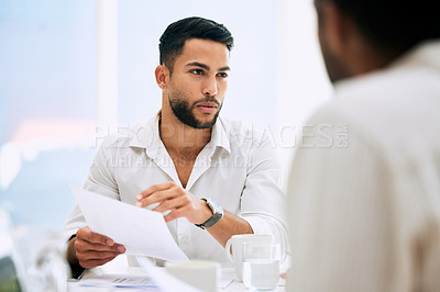 Buy stock photo Team meeting, document and business man in discussion for brainstorming ideas, strategy and project in startup office. Paperwork, collaboration and conversation for sales manager in training workshop