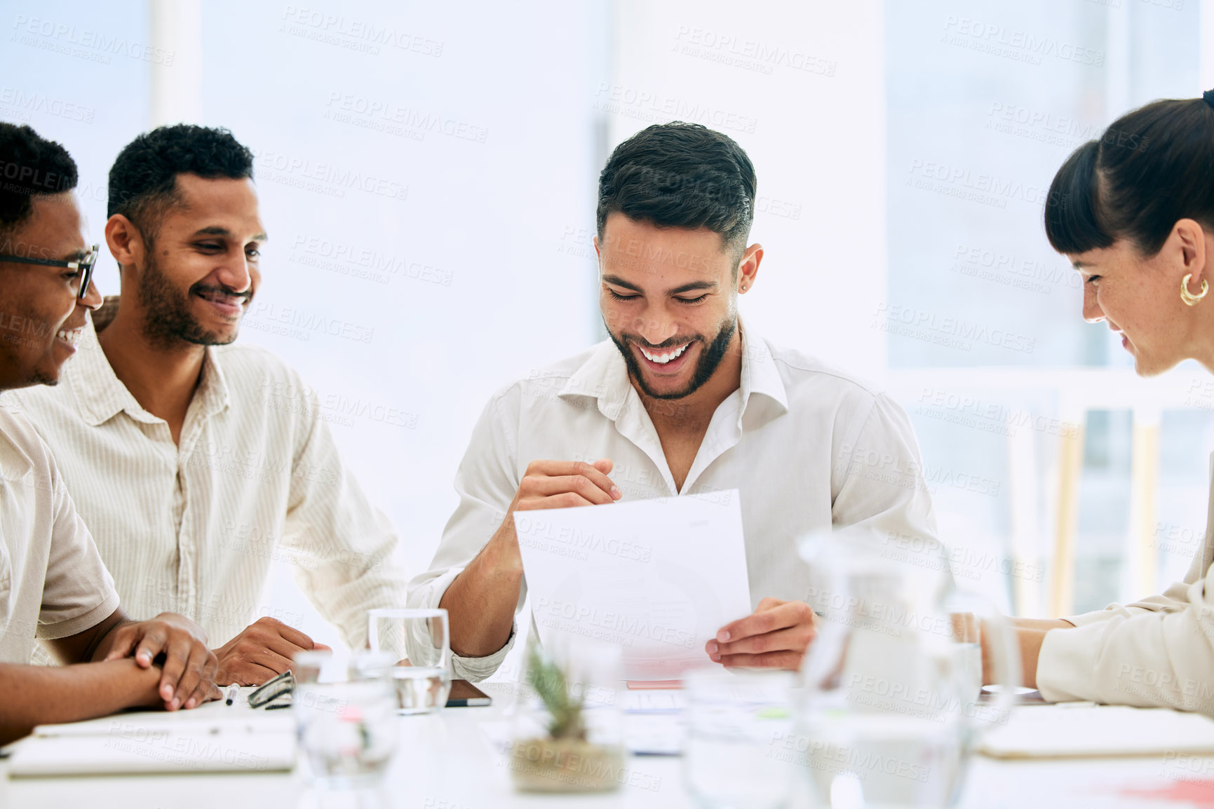 Buy stock photo Team meeting, paperwork and happy business people in discussion for brainstorming ideas, strategy and project plan in office. Document, group collaboration and sales manager laughing at conversation