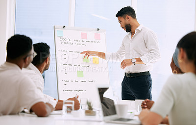 Buy stock photo Meeting, presentation and business people with manager on whiteboard for social media marketing, ideas and planning. Presenter or man speaking to employees, brainstorming and training for job project
