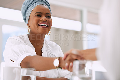 Buy stock photo Business woman, handshake and clients in meeting in recruitment welcome, introduction and agreement or success. African people shaking hands for career thank you, hiring interview or partnership deal