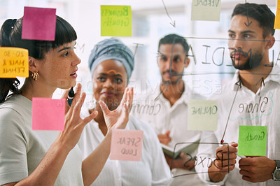 Buy stock photo Teamwork, planning and business people on glass for brainstorming, workflow or meeting of marketing goals. Diversity staff, woman and man in collaboration of ideas, solution or project of sticky note