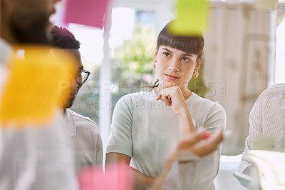 Buy stock photo Thinking, planning and business woman for teamwork, brainstorming and project workflow or management goals. Team or people with group ideas, collaboration and solution on glass board or sticky notes