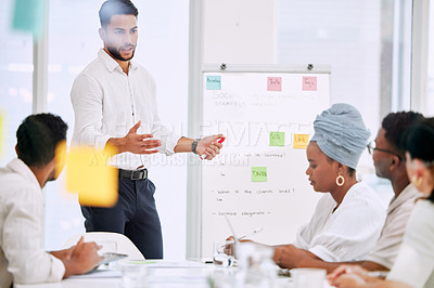 Buy stock photo Creative meeting, whiteboard presentation and people with manager for business ideas, workflow training and planning. Presenter or man speaking to employees, brainstorming and coaching for project