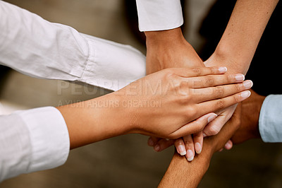 Buy stock photo ?Hands stacked, teamwork and group of people for support, collaboration goals and community from above. Circle, diversity and business woman, men or employees in together sign, success and mission