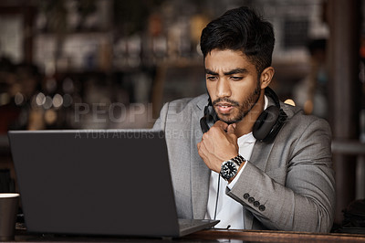 Buy stock photo Thinking, laptop or businessman with research in cafe reading news for online stock market update. Pensive, remote work or trader working on solution or trading in coffee shop on digital technology