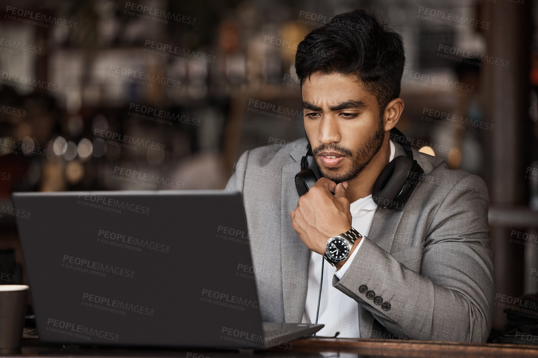 Buy stock photo Thinking, laptop or businessman with research in cafe reading news for online stock market update. Pensive, remote work or trader working on solution or trading in coffee shop on digital technology