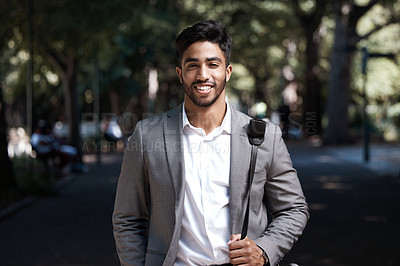 Buy stock photo Portrait, business man and smile in city for travel, morning commute and urban journey outdoor. Corporate male worker, happiness and confidence in street with pride, professional commitment and bag