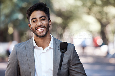 Buy stock photo Portrait, business man and laughing in city for travel, morning commute and urban journey outdoor. Happy corporate, male employee and smile with confidence, pride or professional commitment in street
