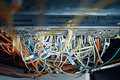Buy stock photo High angle shot of cables inside of a server room