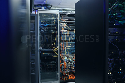 Buy stock photo Cropped shot of an empty and large server room