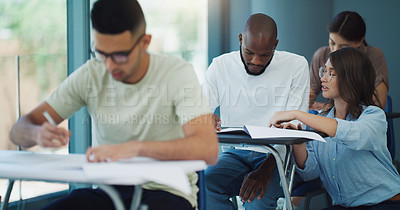 Buy stock photo Notebook, student help and education test in a classroom with writing and teacher learning at university. College exam, school professor and male person with document in a lecture hall with paper