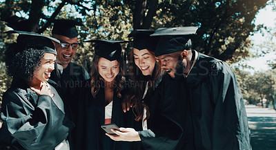 Buy stock photo Campus, graduation or ceremony and students with smartphone for profile picture, update or social media. Happy friends, men and women with mobile for checking post, scroll or celebrate with tech