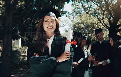 Buy stock photo Portrait, education or diploma on graduation, arms crossed or happiness with knowledge, study or scholarship. Face, female person or student with success, degree or college with certificate and event