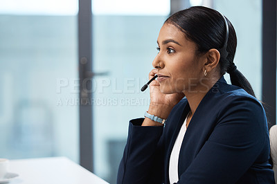 Buy stock photo Telemarketing, listening and business woman in call center office for customer service, help desk or technical support. Crm, contact us and female sales agent, consultant or employee working with mic